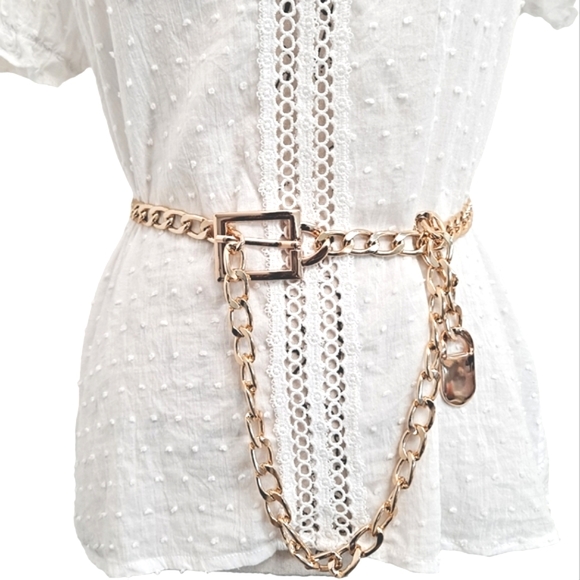 Plus Gold chunky chain link metal waist belly hip square buckle statement belt - Picture 4 of 13